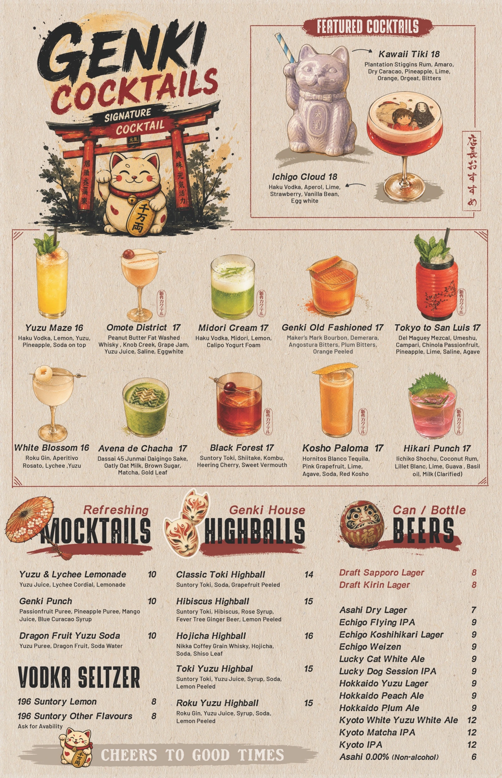 Drinks menu page 1: Genki signature cocktails, mocktails, house highballs, vodka seltzers, and beer