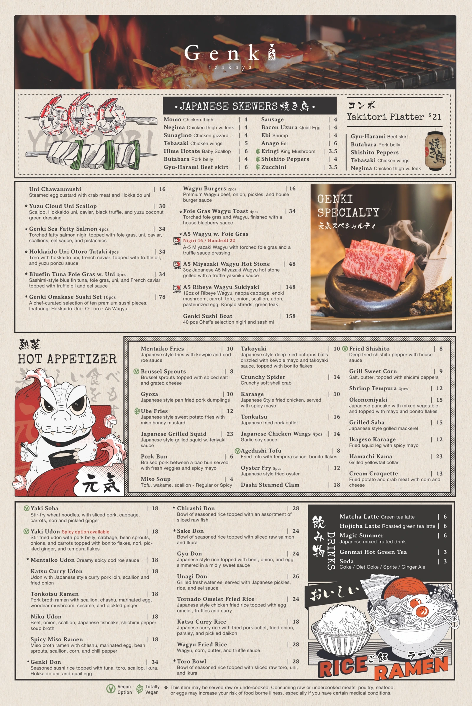 Food menu page 1: yakitori skewers, Genki specialties, hot appetizers, rice, ramen, and udon