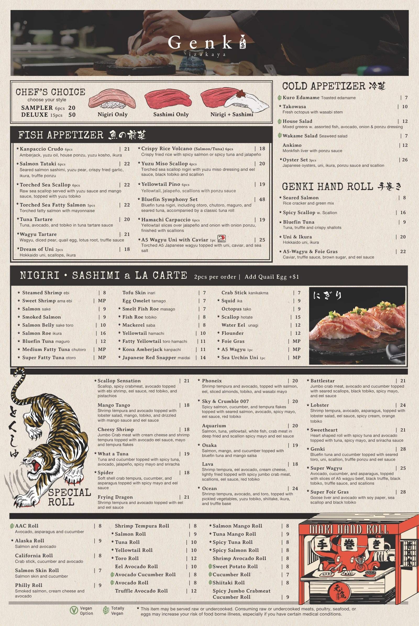 Food menu page 2: chef’s choice sushi, fish and cold appetizers, hand rolls, nigiri, sashimi, special rolls, and maki