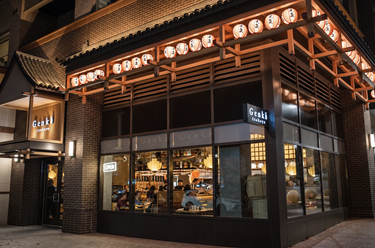 Genki Izakaya’s lantern-lit exterior at Scout on the Circle in Fairfax, Virginia