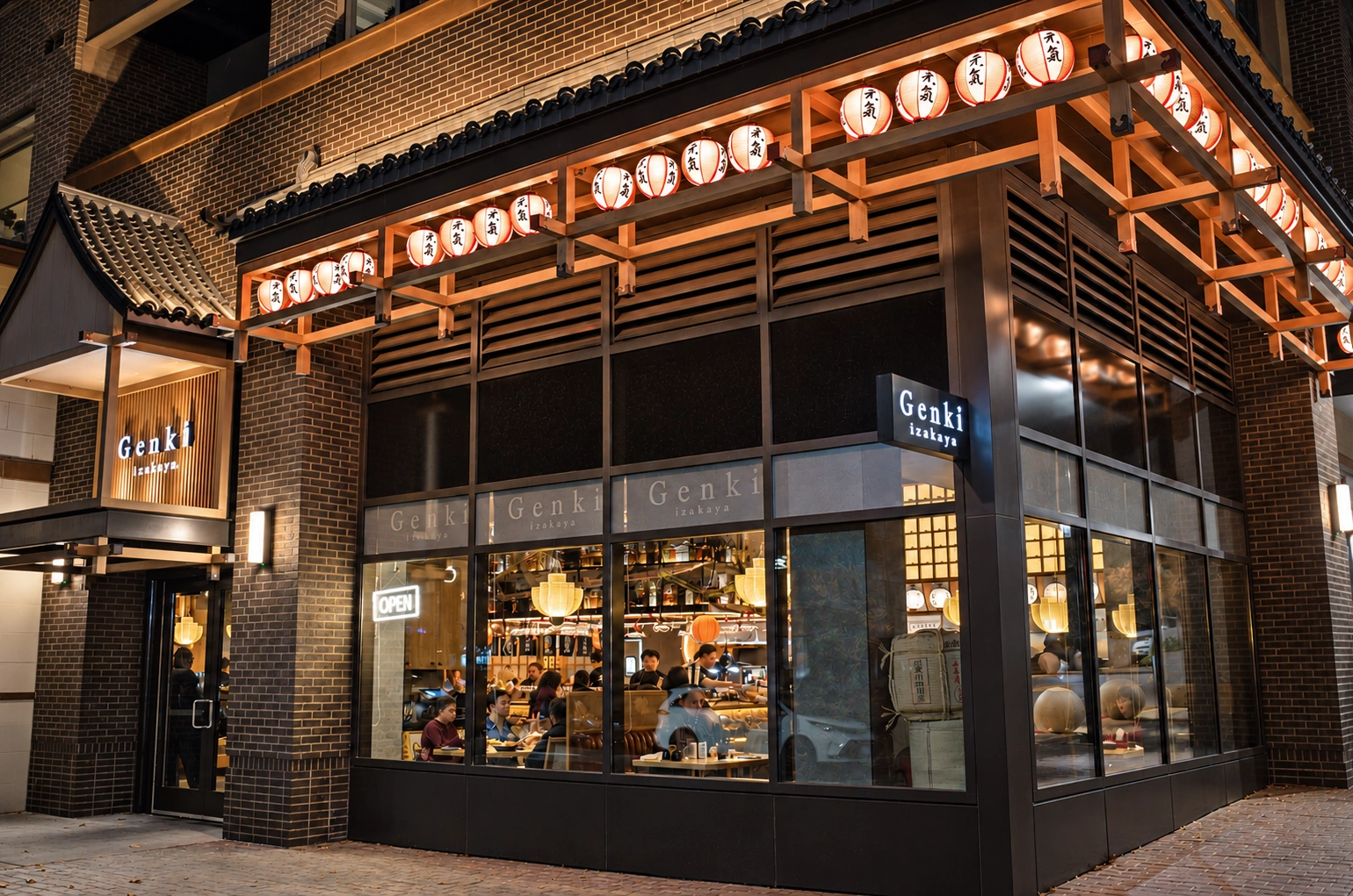 Genki Izakaya’s lantern-lit nighttime exterior in Fairfax